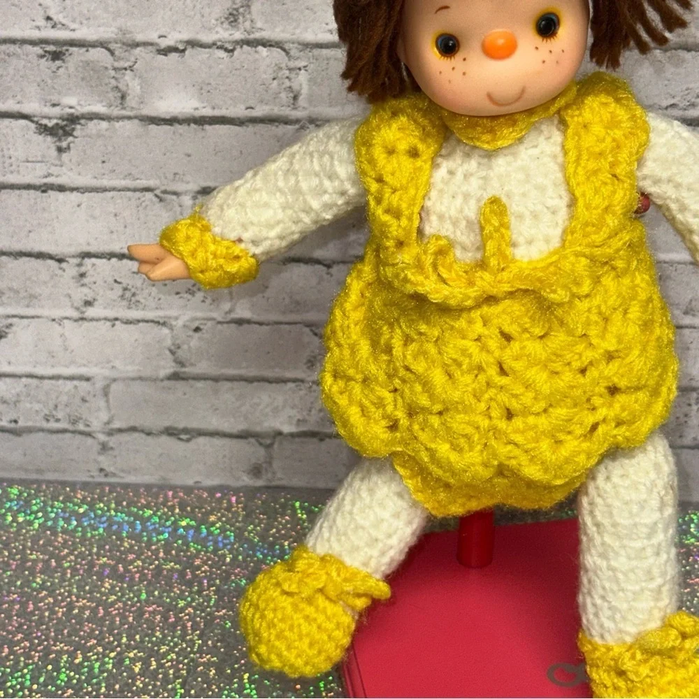 Vintage Hand Crochet Doll with Knitted Yellow Dress 11in Tall Yellow White